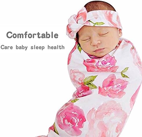 Newborn Baby Receiving Blanket Headband Set Floral Swaddle Pink Shower Gift