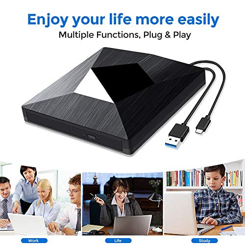 External CD DVD Drive Dual USB 3.0 Type C,Portable CD-RW/DVD-RW Writer Reader Player Burner Optical Disc Super Drives for Laptop PC Windows 7/8/10 and Mac OS Linux