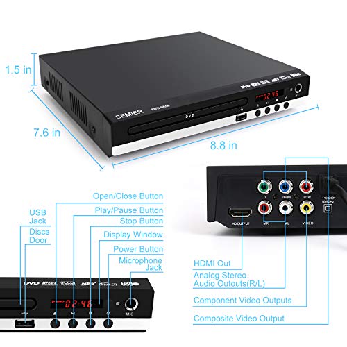 SEMIER Region Free DVD Player, Compact Video DVD CD/Disc Player for TV, HDMI/AV Cables Included, HD 1080P, Built-in PAL/NTSC, USB/MIC Input, Coaxial Port, Remote Control
