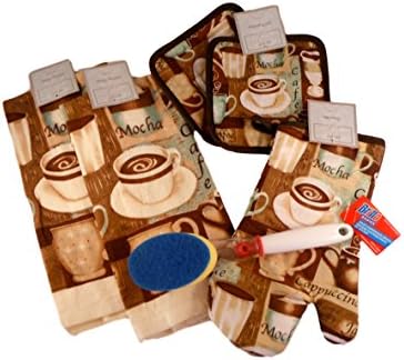 Kitchen Gift Set - Mocha Latte Cappuccino Coffee Shop - Bundle of 5 Items: 2 Dish Towels, Oven Mitt, Set of 2 Pot Holders, and Brillo Soap Dispensing Scrub Brush