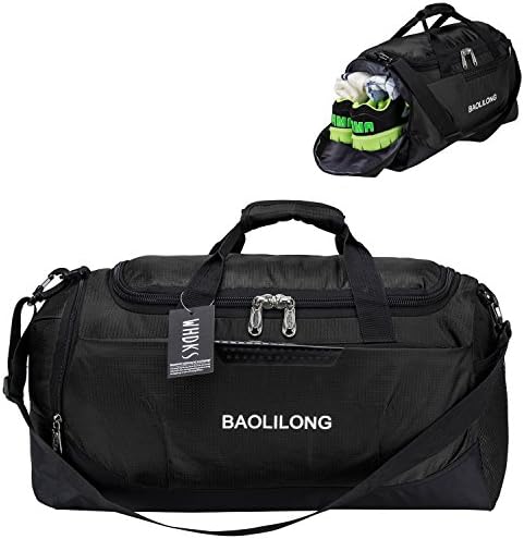 Duffle Bag Sports Gym Travel Luggage Including Shoes Compartment For Women and Men (Black)
