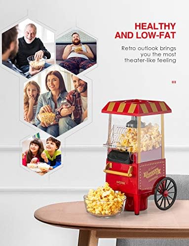 Aicook Machine à Pop Corn, 1200W Retro Machine à Popcorn avec Air Chaud, Sans Gras Huile, Facile á L'utilisation, Rouge