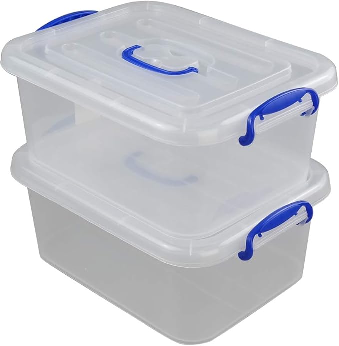 Eagrye Plastic Storage Latch Box, Clear Case with Blue Handle, Set of 2
