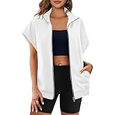 ROMRUM Women's Zip Up Sweatshirts Short Sleeve Lapel Oversized Summer Casual Loose Solid Sweatshirt Jacket with Pockets