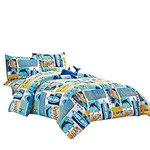 Wpm Kids Collection Bedding 5 Piece Blue Ocean Life Full Size Comforter Set With Sheet Pillow Sham And Whale Toy Fun Sun Beachfront Decor