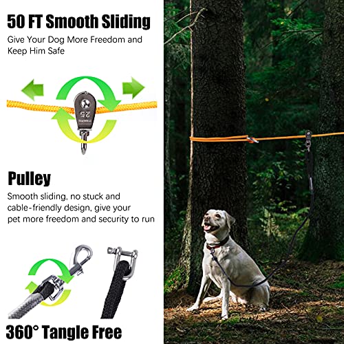HQQNUO Dog Tie Out Cable, 50ft Dog Tie Out Trolley System with 6.5ft