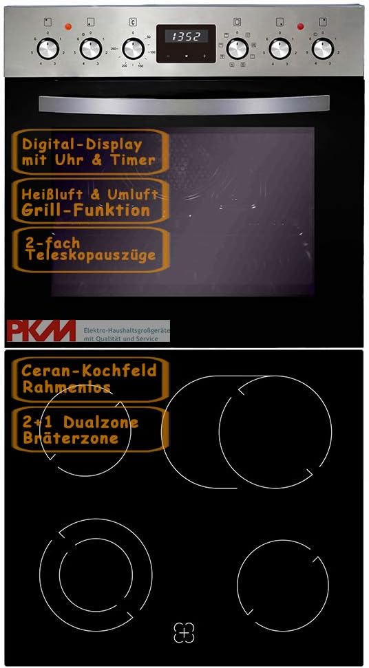 PKM Einbauherd Set Backofen Ceran Kochfeld rahmenlos Herd Set | Bräterzone | Teleskopauszüge | Timer | 2+1 Dualzone | rahmenlos | Heißluft | Umluft | Grill