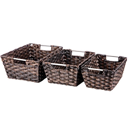 Woven Basket, MaidMAX Set of 3 Rectangular Wicker Rattan Nesting Baskets Storage Bins Containers Organizers Boxes with Handles for Shelves Pantry Bedroom Closet Organization