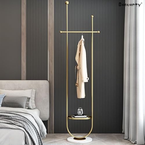 Beauenty Fashion Coat Rack, U-Shape Clothes Stand, Metal Coat Racks with Stone Slab Base, Modern Freestanding Hanger for Clothing, Bags, Hats, Entryway, Living Room, Height 1.9M (Golden)