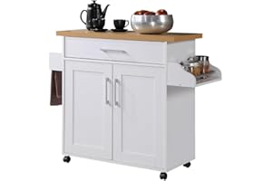 Hodedah Kitchen Island with Spice Rack, Towel Rack & Drawer, White with Beech Top, 15.5 x 35.5-44.9 x 35.2 inches