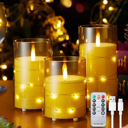 EXTSUD 3 Stück LED Kerzen mit Lichterkette und Timer Aufladbare LED Kerzen mit Fernbedienung Flammenlose Led Acryl Kerzen für Wohnung Dekoration Weihnachten Geburtstag Party