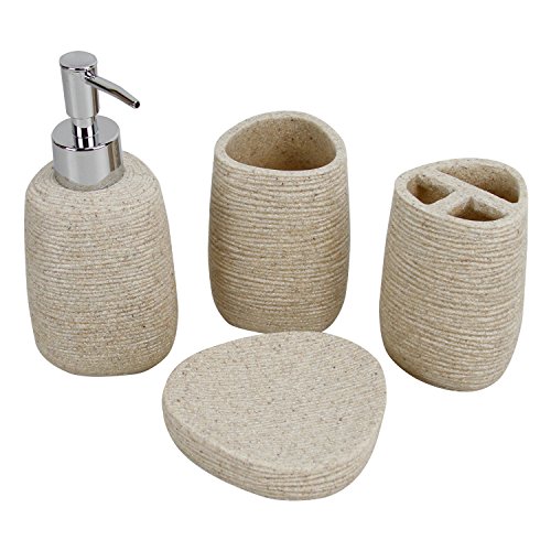 Evelyne GMT-10004 Resin Sandstone Bathroom Amenity Accessory Set Included Dispenser, Soap Tray, Toothbrush Holder and Tumbler