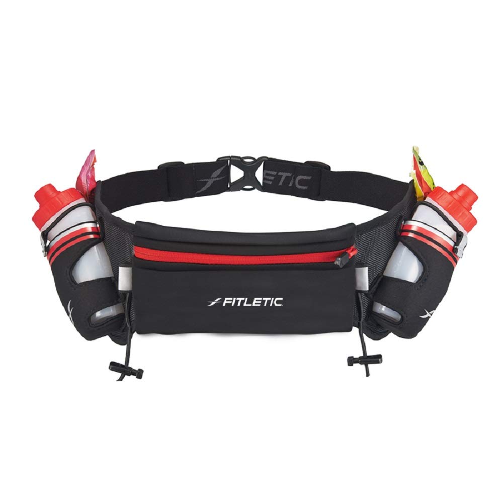 Fitletic Hydration Running Belt with Water Bottles for Men & Women – 2 Quick Flow 8oz Running Water Bottles, Patented Bounce Free Design, Water Resistant Pouch Fits All Phones – Hydra 16