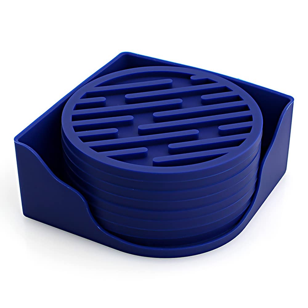 10cm/3.94inch Round Coasters Set Silicone Rubber Coaster Cup Pad Mat Anti-scald Non-Slip for Daily Home/Bar Coffee Tea Drink Use Insulate&protect Furniture Beer Mug WineGlass Bottle (Dark Blue, 8)