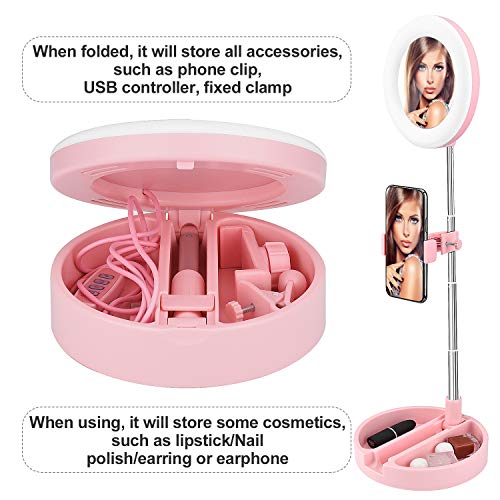 KINGOAL 6.3 inch Foldable Ring Light with Tripod Stand and Phone Holder, Portable Makeup Dimmable Ring Lights with Mirror, 3 Light Modes for Live Stream, Make-Up, YouTube, Tiktok (Pink)