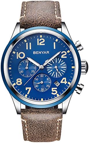 BENYAR Fashion Watches Quartz Chronograph Business Casual Wrist Sport Leather Band Watch for Men