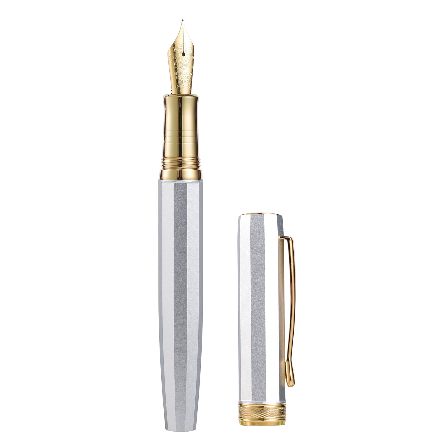 Hong Dian N11 Fountain Pen, Gold Silver Platinum-Coated Fine Nib and Octagonal Geometric Design with Metal Case