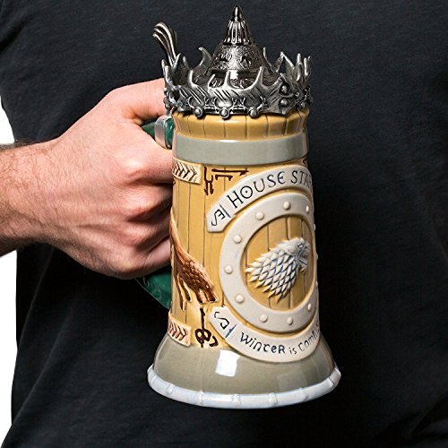 Game-of-Thrones-House-Stark-Stein--22-Oz-Ceramic-Base-with-Pewter-Baratheon-Crown-Top-ne-k