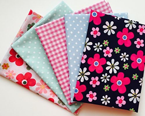 X 5 Half Metre Flower Power Floral Polka Fabric Bundle includes Gingham, Floral designs, Polka dots, Spots in Pink, Navy, Green, Blue- Ideal for Fashion projects, Quilting, Fat quarters and crafts - Simply Sew Crafty by CR8 Comercio