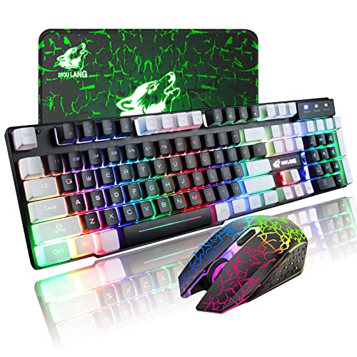 Wireless Gaming Keyboard and Mouse Combo Muti-Color Keycaps Rainbow Backlit Mechanical Feel Keyboard RGB Carck Luminescent Mice Mouse Pad for PC/Mac Gamer, Typist, Travel