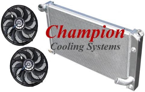 3 Row All Aluminum Replacement Radiator AND 2- 12" Reversible Dual Fans for the 1973-1976 Chevy Corvette, Chevy Corvette Replacement Radiator, Chevy Corvette Radiator - (1973-1974: 350ci V8 , 454ci V8. 1976-1976: 350ci V8.) - Manufactured by Champion Cooling Systems, Part Number: 478FAN