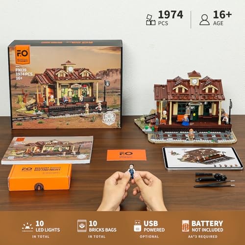 Funwhole Wild West Train Station Lighting Building-Bricks Set - 1975 Pcs Collectible Train Playset for Adults and Teens