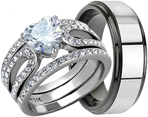4 Piece His &amp; Hers, Women's Stainless Steel Heart Cut Cubic Zirconia 1.7 Ct Engagement Wedding Ring Set &amp; MenÕs Two Tone TUNGSTEN Band. Available Sizes: Men's 5,6,7,8,9,10,11,12,13 Women's Set Sizes: 5,6,7,8,9,10