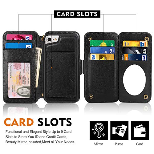 Cornmi Compatible for iPhone 8 Wallet Case, Detachable Wallet Leather Cover 10 Card Slots Wristlet and Shoulder Strap Handbag Purse Flip Stand Slim Mirror case Compatible for iPhone 6 7 8