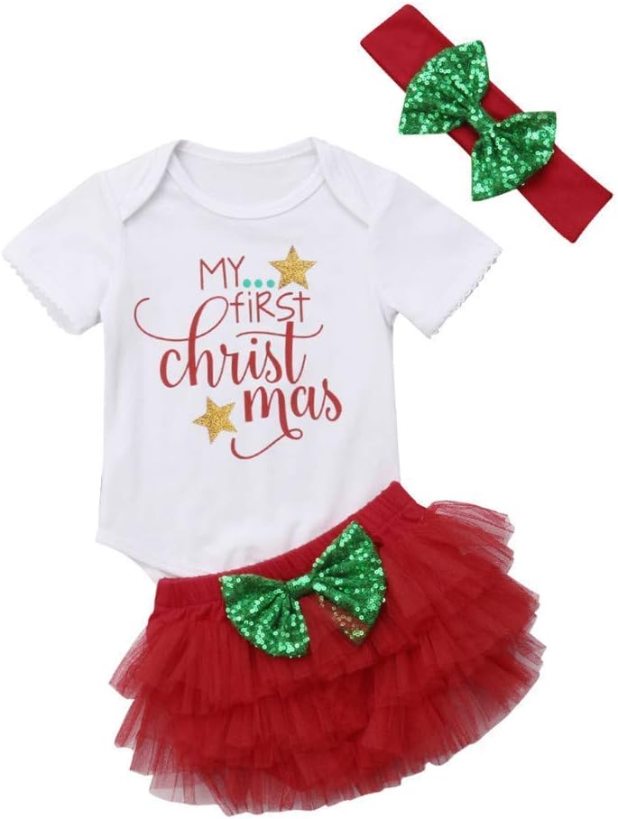 Infant Baby Girl Christmas Outfit Romper+Tutu Skirt Shorts+Headband Clothes Set
