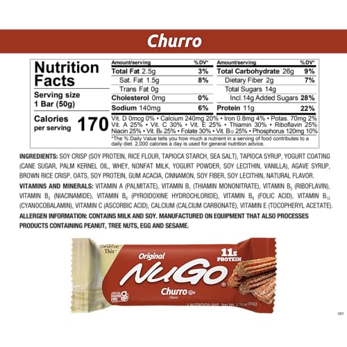 NUGO PROTEIN BAR, CHURRO, 11G PROTEIN, GLUTEN FREE, 15 COUNT