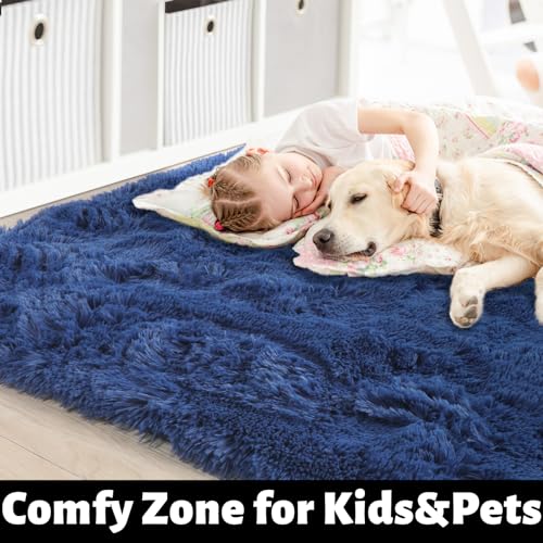 Navy Blue Fluffy Living Room Rugs, Furry Area Rug 5x8 for Bedroom, Shag Rug for Kids Room, Living Room Decor, Fuzzy Carpet for Nursery, Plush Rug for Game Room, Soft Shaggy Rug for Play Room