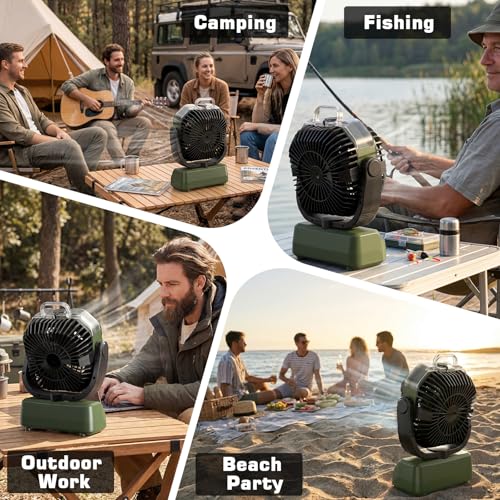 Lolleys Ventilateur Brumisateur de Camping 20000mAh, Ventilateur Portable Rechargeable avec Télécommande, Double Moteur, Crochet 360°, Vitesse Variable pour Extérieur Pêche Camping-car Plage, Green