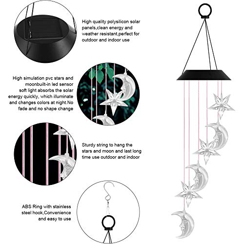 VICOODA Wind Chimes Outdoor, Solar Wind Chimes Color-Changing Moon Star Waterproof Unique Decoration Chimes Mobile Solar Light Mom Birthday Gift for Home Balcony Festival Garden Yard(Moon & Stars)