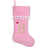 JKSVE 19 Inch Pink Velvet Stockings, Personalized Christmas Stocking, Embroidery Initial with White Pom Pom Trim, Holiday Fireplace Mantel & Xmas Party Decor, Letter H