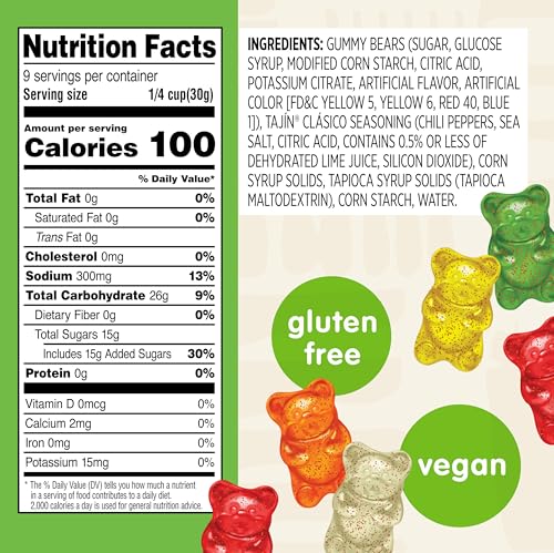 SNAK CLUB TAJIN GUMMY BEARS, ASSORTED FRUIT CANDY GUMMIES WITH CHILI AND LIME SEASONING, MILD, GLUTEN-FREE AND VEGAN SNACKS, 9 OZ RESEALABLE BAG