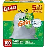 Glad OdorShield Tall Kitchen Drawstring Trash Bags - Gain Original with Febreze Freshness - 13 Gallon - 100 Count