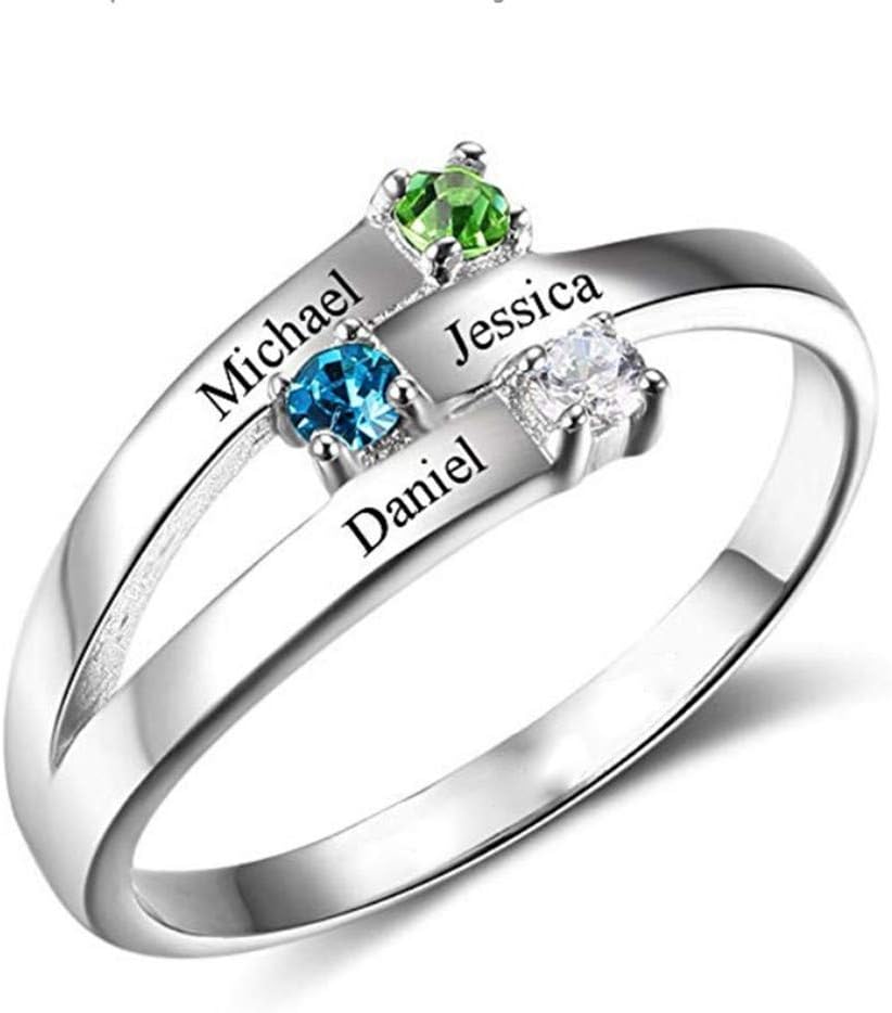 Personalised Mother Rings with 3 Names Engraved & Simulated Birthstones Family Promise Ring for Mom Women