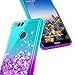 Huawei Honor 7X Case, Huawei Mate SE w/[Full Coverage Tempered Glass Screen Protector], NageBee Glitter Liquid Quicksand Waterfall Floating Flowing Sparkle Bling Diamond Girls Cute Case -Aqua/Purple