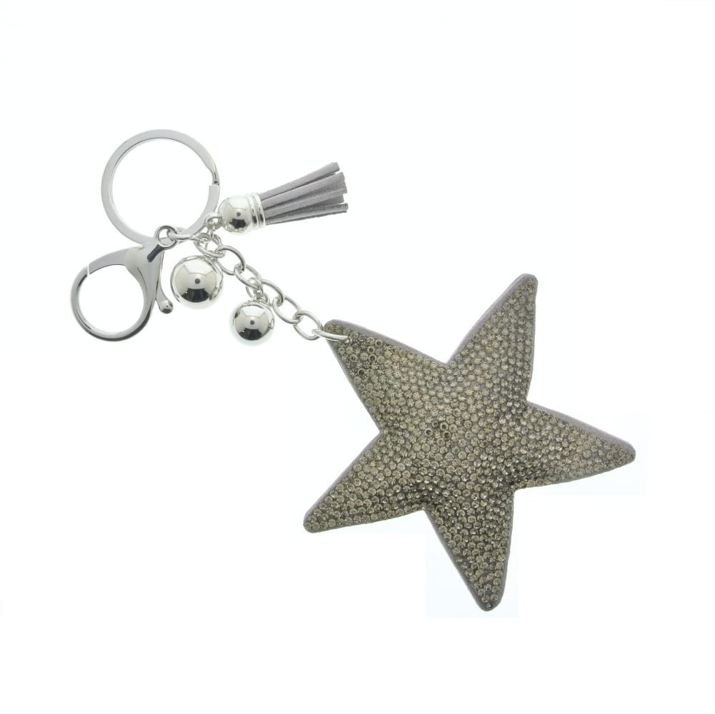 J & J LONDON Star Keyring/Bag Charm Diamante Bling Glitter Crystal Key Buckle for Women Girl (Grey)