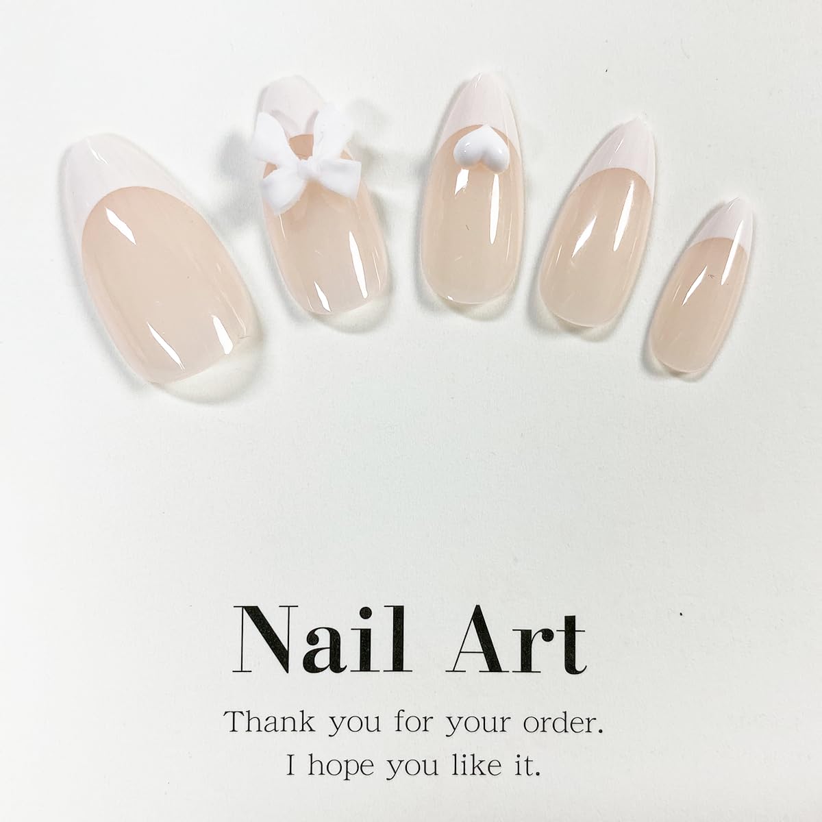 French Tip Press on Nails Medium Almond Fake Nails White False Nails with Design Cute Charms Bow Heart Stick on Nails Full Cover Glossy Acrylic Glue on Nails Artificial Nails for Women Manicure 24Pcs - Image 3