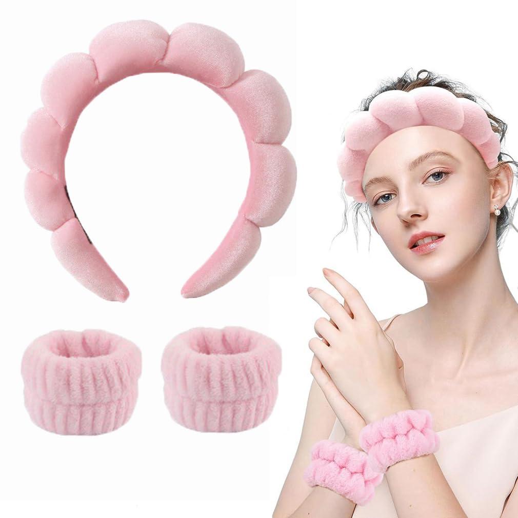 Spa Headband for Washing Face Wristband Set Sponge Soft Terry Cloth Makeup Skincare Non Slip Headband for Women