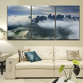 3 Panel Canvas Wall Art - Bird View Landscape of Mountains,Rivers and Village from Above The Clouds - Giclee Print Gallery Wrap Modern Home Art Ready to Hang - 16"x24" x 3 Panels