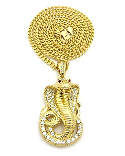 Iced Out Red Eye Cobra Pendant 6mm 36" Cuban Chain Necklace in Gold, Silver Tone Plated