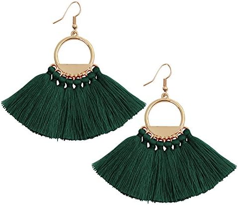 Green Tassels Earrings Bohemia Ethnic Dangle Eardrop Fan Fringe for Women Girls White Red Black…