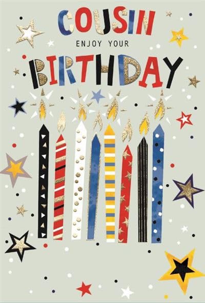 Cousin Birthday Card - Coloured Candles Writing Stars with Gold Foil 7.75x5.25
