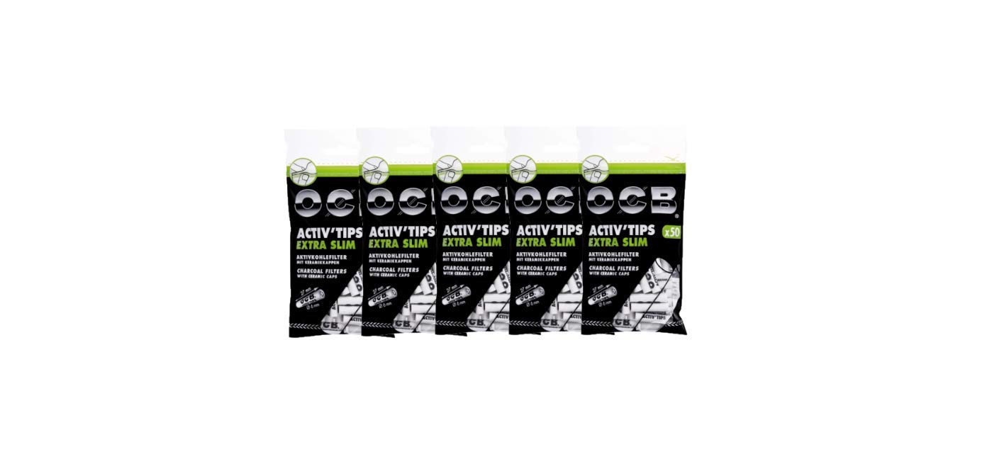 OCB 18576 ActivTips Extra Slim 6 mm Activated Carbon Ceramic Caps-5 Bags of 50 = 250 Filters, Paper, Gray