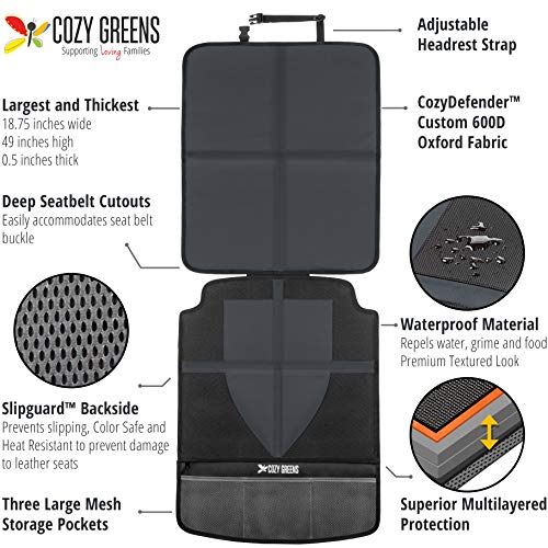 COZY GREENS Car Seat Protector with Thickest Padding - XL Size - Covers Full Carseat - Waterproof Under Child Baby Safety Seat - Durable Mat, Reinforced PVC Leather & 3 Large Pockets for Storage (XL)