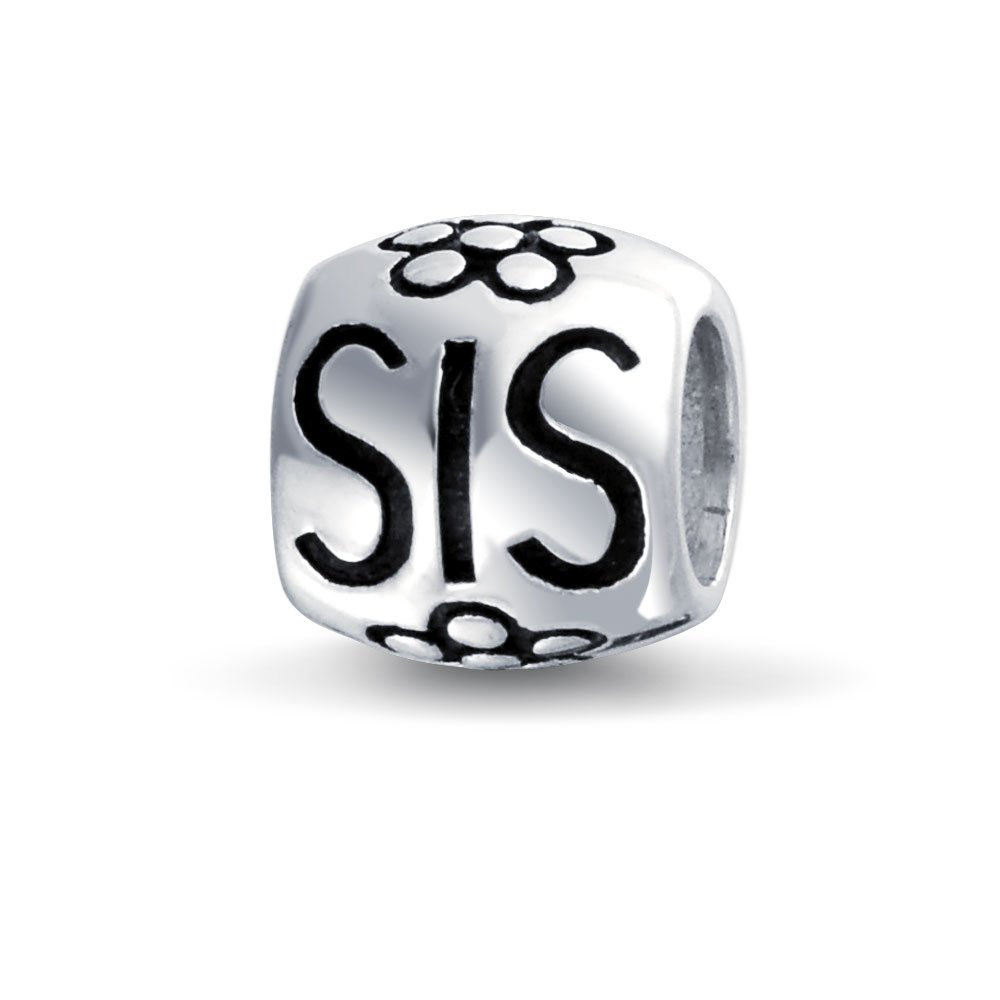 Bling Jewelry Flower Heart Love BFF Sorority Sister Word SIS Barrel Charm Bead For Women Oxidized .925 Sterling Silver Fits European Bracelet
