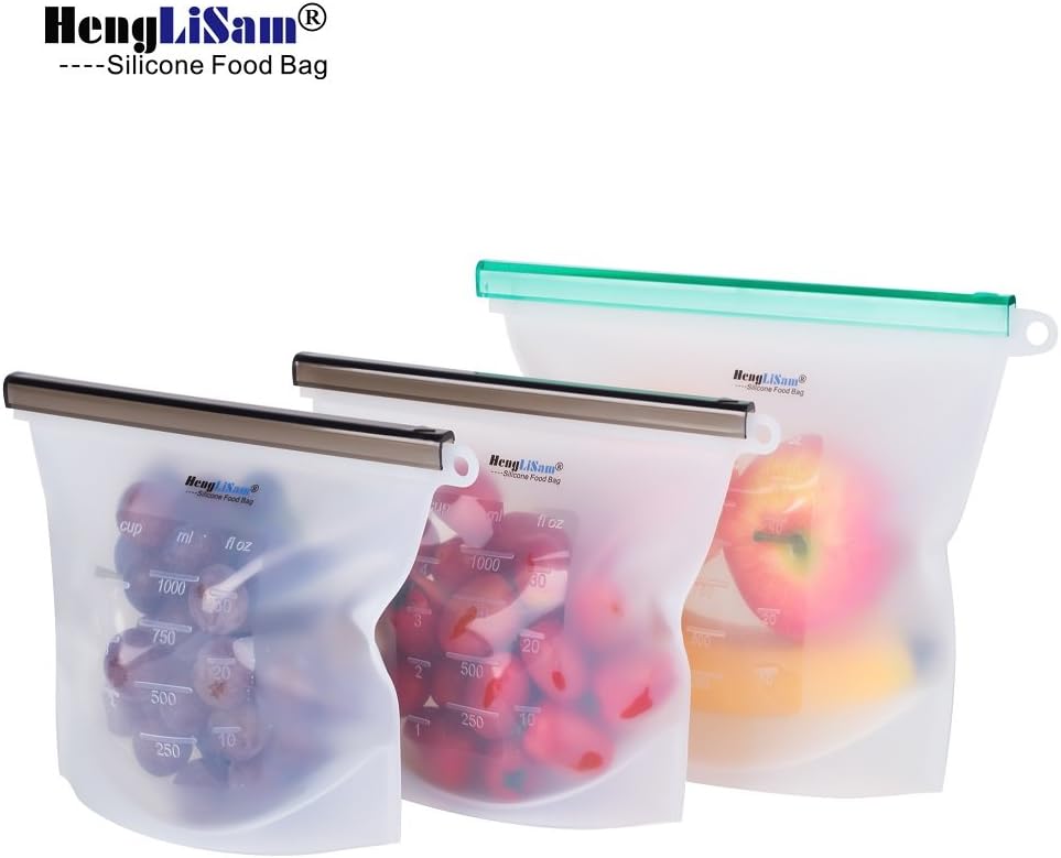 REUSABLE Silicone Food Storage Bags 3 Packs for Lunch Bags Ziplock Sealed Food Bag Keep Your Food Fresh Sous Vide Lunch Snack Sandwich Freezer100% Silicone for BPA-Free Safe Food Bags