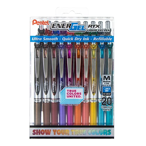 Pentel EnerGel RTX True Colors United 0.7mm Medium Line, 20 Assorted ink Colors…